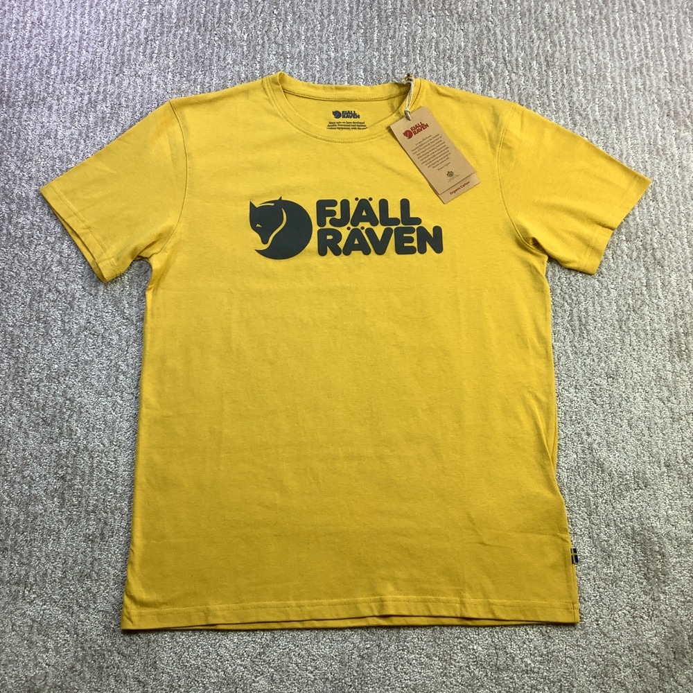 Fjallraven Mens Logo T-Shirt Ochre Yellow Organic Cotton Graphic Tee Size S NWT - Picture 2 of 14